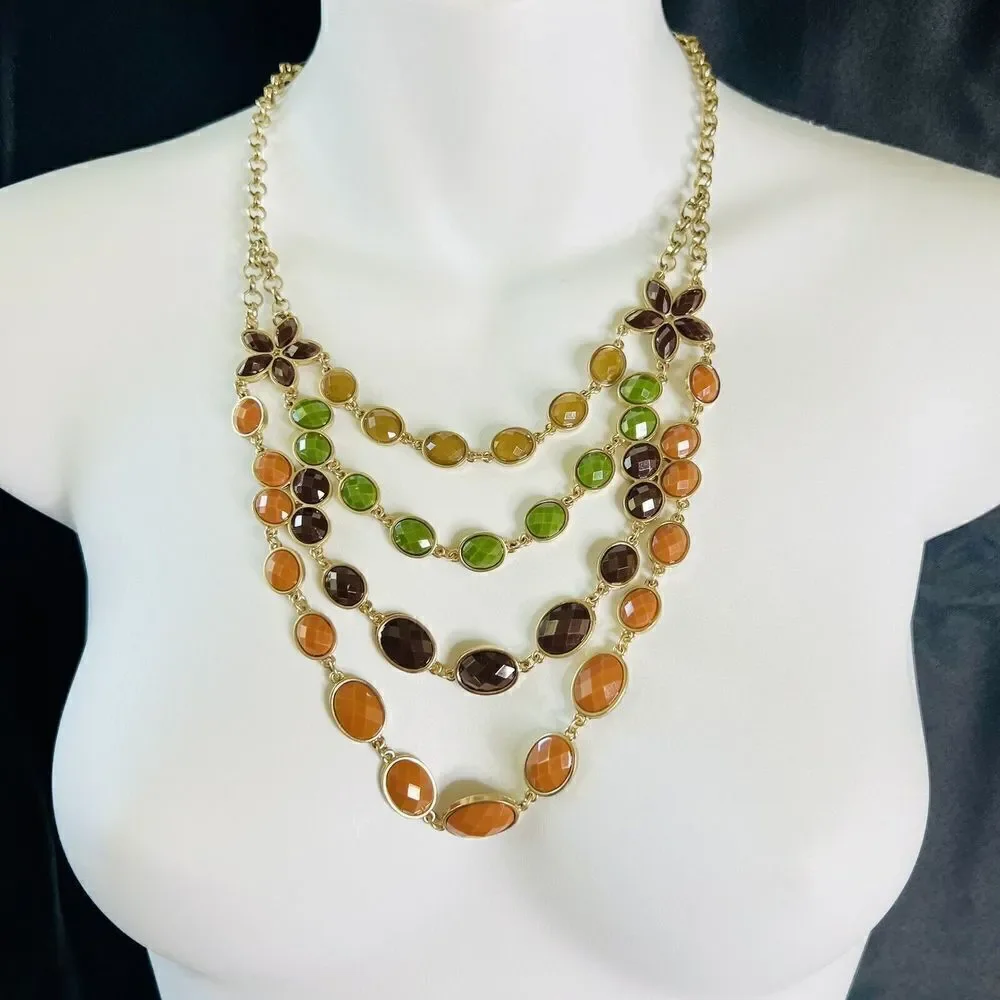 Beautiful Layered Multi Strand Necklace Earth Tone Faceted Beads Flower  4328